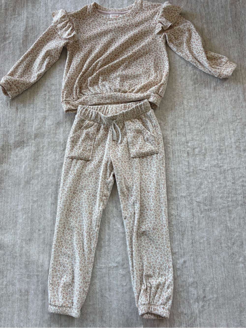 Cat & Jack Girls' Pink Leopard Print Ruffle Sweatshirt and Sweatpants Size: 5T - Picture 2 of 15
